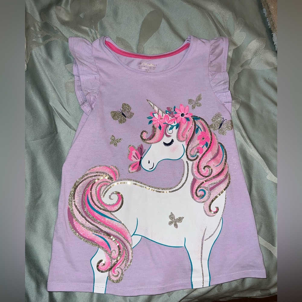 Cynthia Rowley purple unicorn short sleeve top with glitter and sequins 7/8 girl